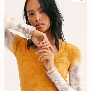 Free People Ribbed Stretchy Tie Dye Long Sleeve Top Orange Cream